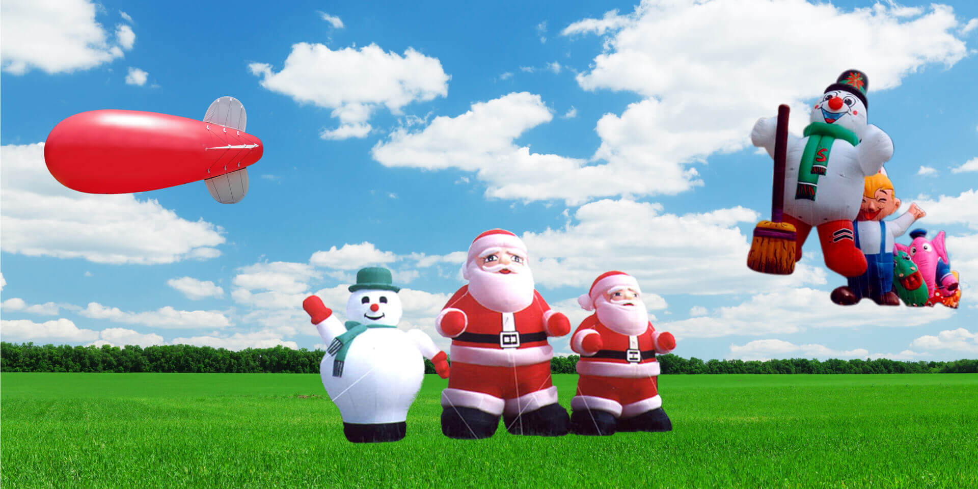 Helium blimp and standing snowman and Santa Claus balloon空飄氣球與立地氣球